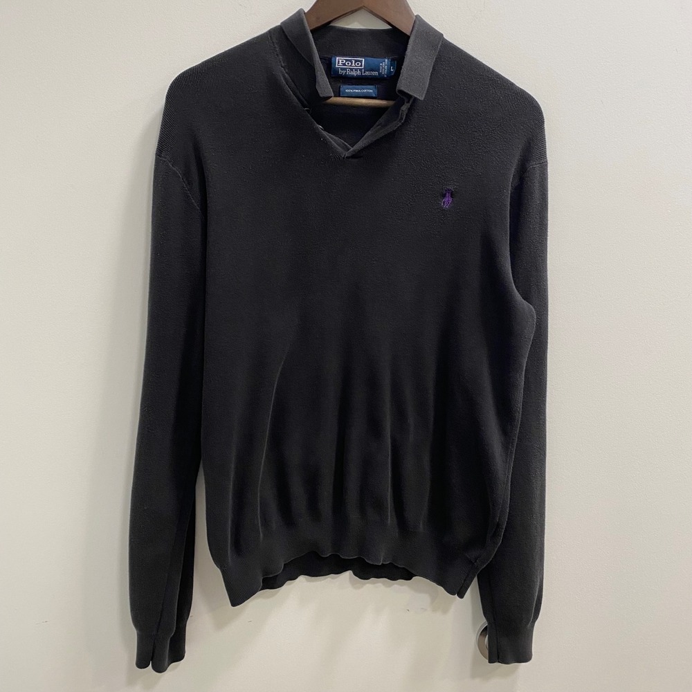 Polo Ralph Lauren Sweater Men L Black Pima Cotton V-Neck Polo Collar Pullover